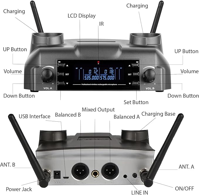 Berlingtone) Professional Dual Dynamic Handheld UHF Wireless Microphone System Magnetic Wireless Charging 200 Adjustable Frequency Channels for Karaoke Meeting Church up 200ft Range BR-60UM