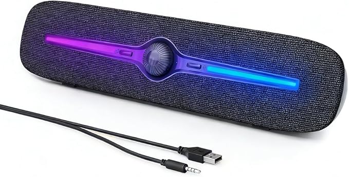 SOULION Computer Speakers for Desktop USB Powered Bluetooth PC Speaker with LED Light 3.5mm Aux Soundbar with Rotary Volume Control Button for Laptop Monitor Office Music Game Gray