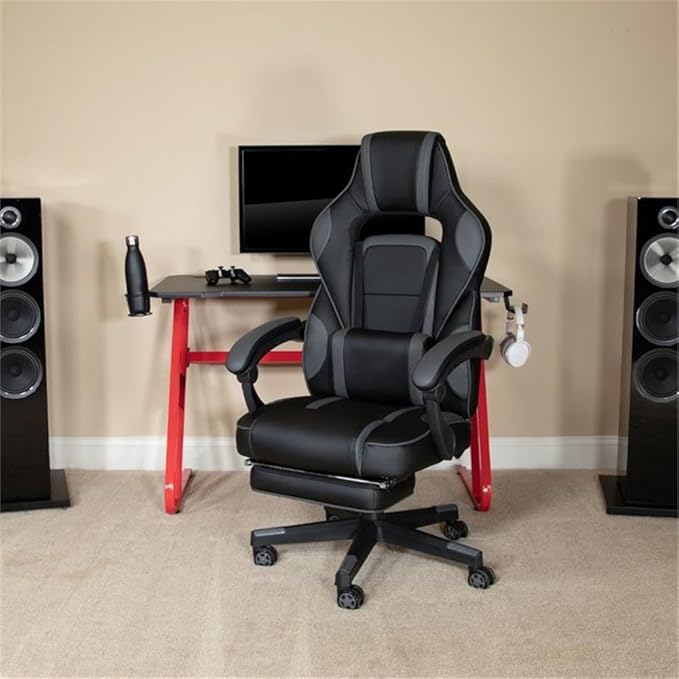 Flash Furniture X40 Gaming Chair Racing Ergonomic Computer Chair with Fully Reclining Back/Arms Slide-Out Footrest Massaging Lumbar - Black/Gray