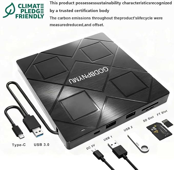 5-in-1 Extemal CD/DVD Drive for LaptopUSB 3.0 &amp Type-C Portable CD/DvD Rw Burner with SD/TF Card Reader &ampDVD-ROM Rewritable PlayerCompatible with Laptop Pc Desktop Windows11/10/8/7 Linux Ma