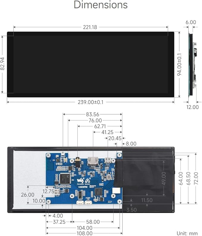 waveshare 9.3inch Capacitive Touch Display 1600×600 Resolution Raspberry Pi 5/4B/3B/Zero/Zero W/Zero 2W/Pico/Pico W/Pico WH Support Jetson Nano/Jetson Orin Nano Supports Windows 11/10/8.1/8/7