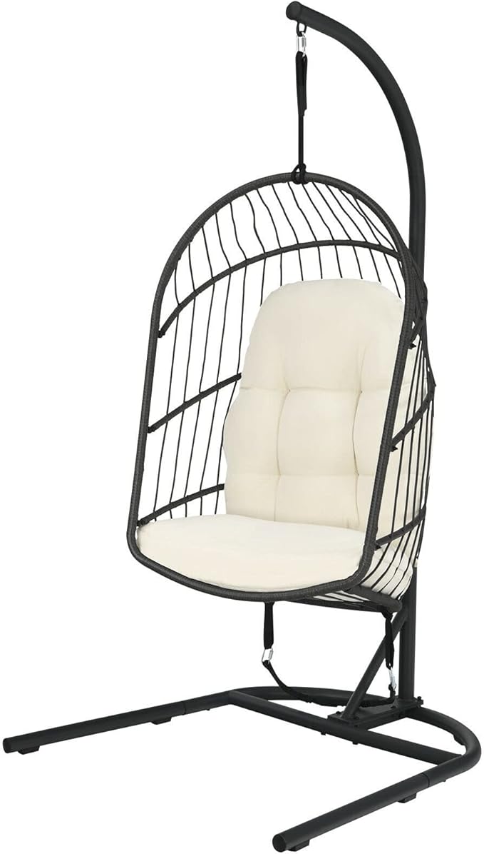 Office Chair Gaming Chair Computer Chair Hanging Wicker Egg Chair w/Stand Cushion Foldable Outdoor Indoor Beige