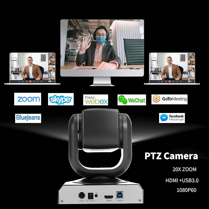 PTZ Camera with 20X Optical Zoom Full HD 1080P60fps HDMI Camera for Conference Rooms Church Events Streaming &amp Video Calls | Compatible with Zoom Skype OBS | Easy Setup