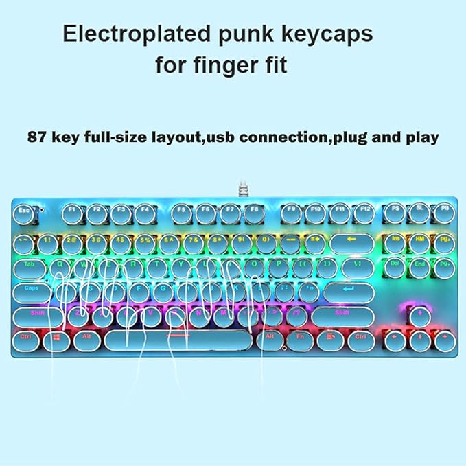 Mechanical Gaming Keyboard87 Key Retro Punk Typewriter-StyleBlue Switch Rainbow Backlit KeyboardAnti-Ghosting USB Wired for PC Laptop Desktop Computer for Game and Office(Blue)
