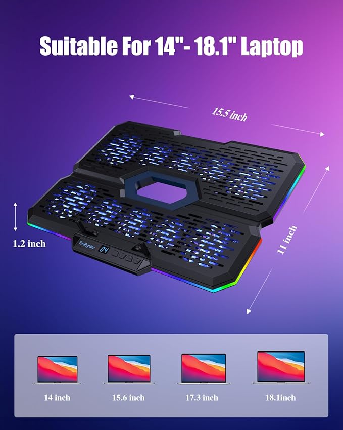 Laptop Cooling Pad Gaming Laptop Cooler with 10 Quiet Fans Height Adjustable Laptop Cooling Stand for 12-18.1 Laptops RGB Lights with Laptop Fan with 2 USB Port and Phone Stand