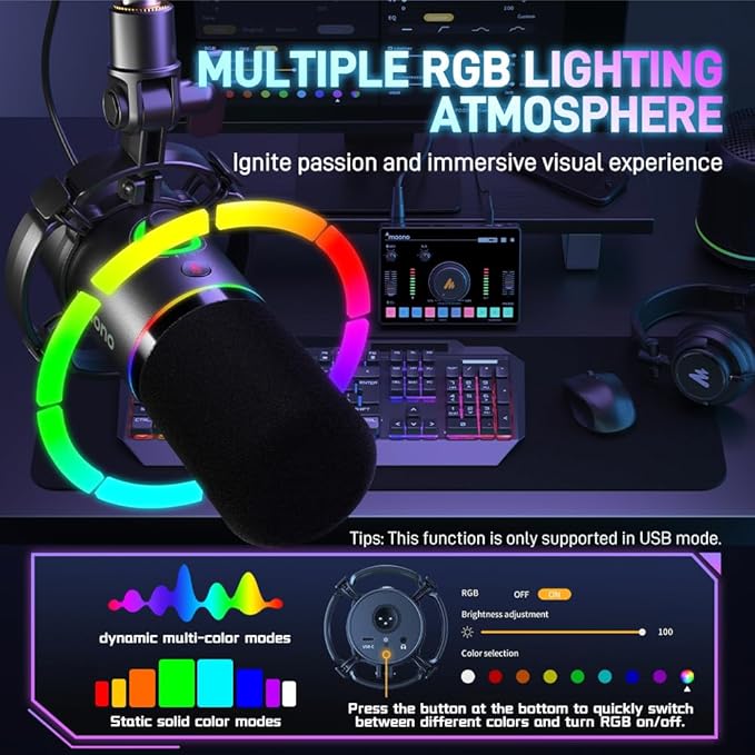 MAONO XLR/USB Dynamic Microphone RGB Gaming Mic with Software Mute Gain Knob Volume Control and Headphone Jack for Streaming Podcasting Recording-PD200X (Black)