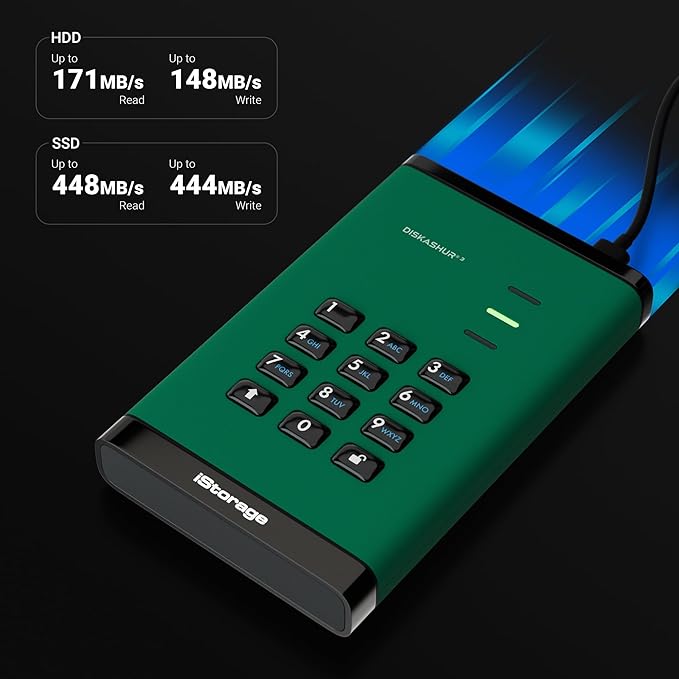 iStorage diskAshur3 HDD 4TB Green - Secure Portable Hard Drive - Password Protected - Dust &amp Water Resistant - Hardware Encryption