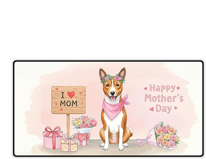 Happy Mother's Day Basenji Love Dog Mom Heart Flower Desk Mat Full Keyboard Mouse Pad African Barkless Dog Lover Large Mousepad 12004