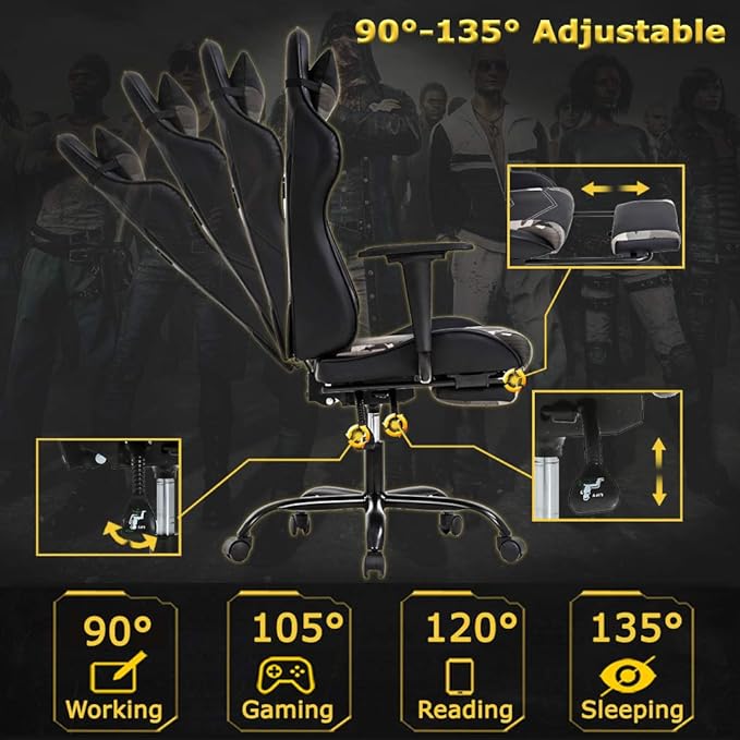 Gaming Chair Racing Office Chair Ergonomic Desk Chair Massage PU Leather Recliner PC Computer Chair with Lumbar Support Headrest Armrest Footrest Rolling Swivel Task Chair for Women Adults Camo