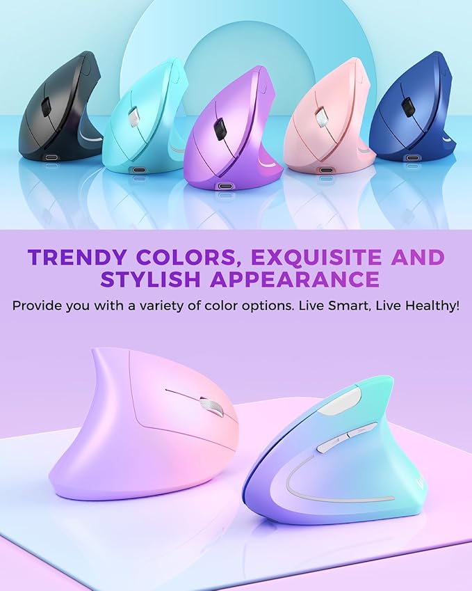 Lekvey Ergonomic Mouse Wireless Vertical Mouse Rechargeable 2.4 GHz Optical Carpal Tunnel Mice : 800/1200 / 1600 DPI 6 Buttons for Laptop PC Mac Computer Desktop Notebook etc Purple