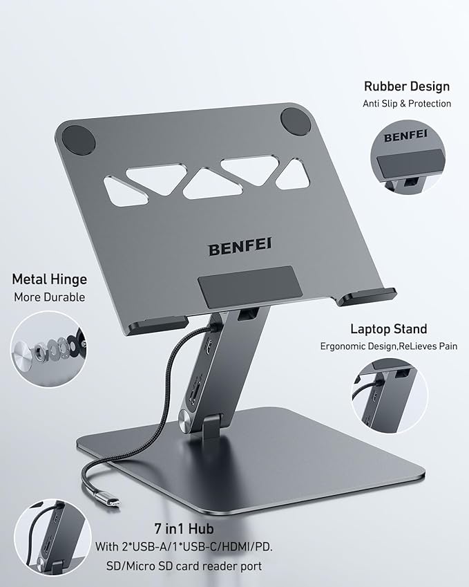 BENFEI Laptop Stand with USB C 7in1 Docking StationHDMI 4K@60Hz1*SD 1*Micro SD100W Power Delivery10Gbps 1*USB C 3.2 and 2*USB A 3.2 Compatible with MacBook Pro/Air iPad Pro XPS Thinkpad