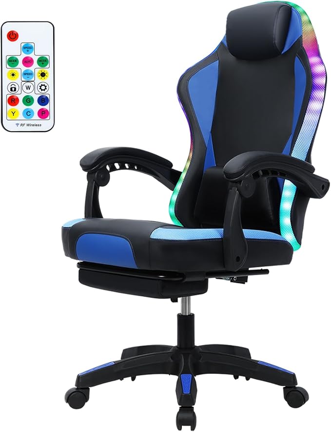 Gaming ChairComputer Gaming Chair for Adults and Kids Ergonomic Computer Chair for Girl with Footrest and Headrest Comfortable Reclining PC Game Chair High Back Music Video Chair Blue
