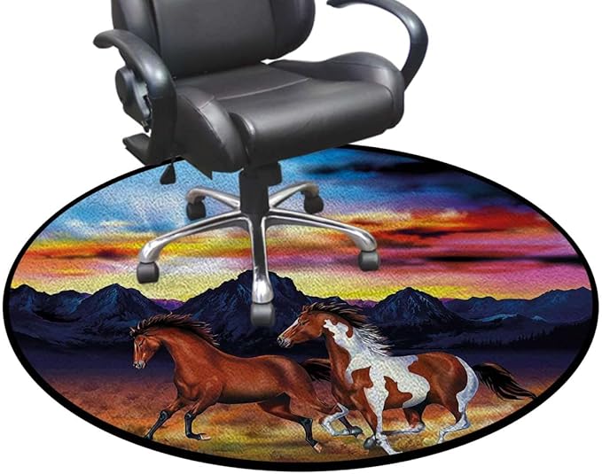 MulticolorRound Office Chair Mats Home Rolling Gaming Chair Mat Running Wild Horses at Sunset Rustic Landscape Round Chair Cushion for Office and Home Decoration Chair Cushion Diameter 43.3 in