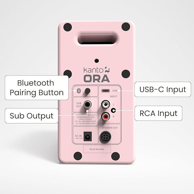 Kanto ORAMP 100W Powered Reference Desktop Computer Speakers with Bluetooth 5.0 and USB-C Input | Bi-Amplified | 100 Hz Automatic Crossover | Reference Quality Sound | Pair | Pink