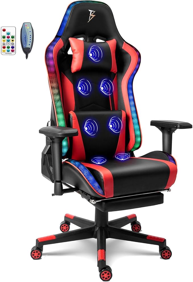 TBQATNTS RGB LED Gaming Chair with Seven-Point Massage FunctionComputer Chair with SpeakersErgonomic Chair with Footrest and Lumbar Support90°-180° Tilt Office ChairRed
