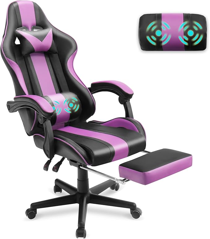 Huracan Gaming Computer Chair with Footrest and Lumbar Support Adjustable Video Game Chairs for Adults Ergonomic Reclining Desk Chair with Headrest for Office or Gaming Purple
