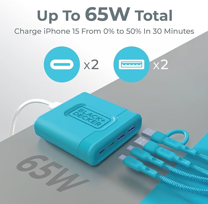 BLACK+DECKER USB C Fast Charger 65W 4 Port Type USB C Charging Station Hub Block TypeC Wall Charger Power Strip Adapter Plug 2 USBC 2 USBA for iPad iPhone 17 16 15 14 Pro Max Pixel Note Galaxy Blue