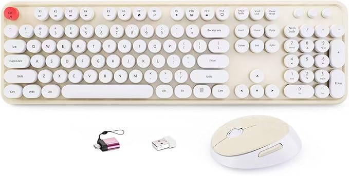HotFox Wireless Keyboard and Mouse Combo Full-Size Retro Typewriter Keyboard with Round Keycaps Ergonomic Design for Windows PC Home and Office Use - Cream