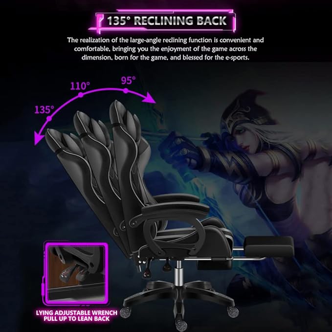 LED Gaming Chair with Speakers Ergonomic Video Game Chair Racing Office Chair PU Leather Recliner Computer Chair Swivel E-Sports Chair with Headrest Lumbar SupportPink