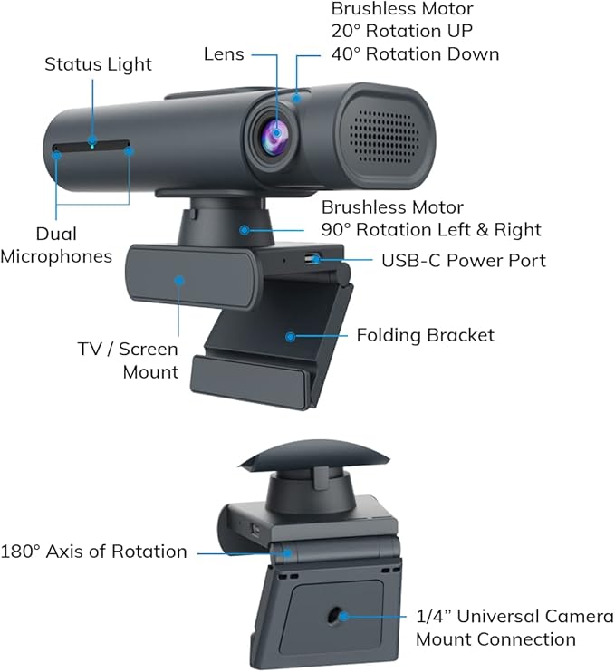 Project Telecom Hawk AI 4K Auto Tracking PTZ Webcam Gesture Control Wired USB-A &amp USB-C Black Compatible with Microsoft Teams Zoom Cisco Webex