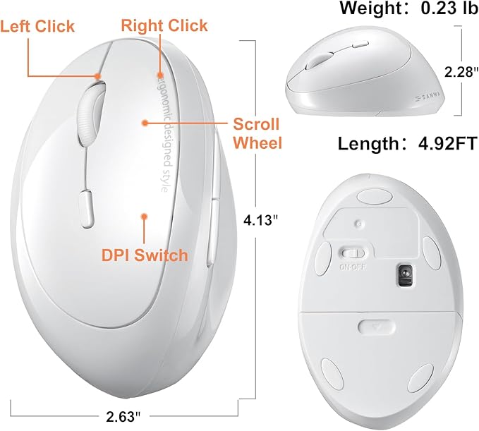 SANWA 2.4G Wireless Left Handed Mouse Ergonomic Left Hand Vertical Mouse for Small Medium Hands 5 Buttons 800/1200/1600 DPI Blue LED Sensor Compatible with Laptop PC Mac Windows White