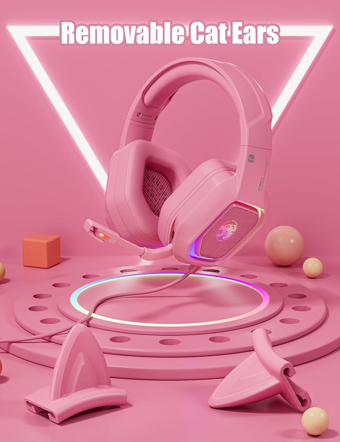 ZIUMIER Gaming Headset with Detachable Cat Ears Compatible with PS4 PS5 Xbox One PC Laptop Over-Ear Headphones with LED Light Noise Canceling Mic Stereo Surround Sound (Pink Cat)