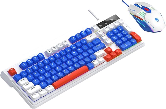 Wired Gaming Keyboard and MouseRainbow LED Mechanical Feeling Gaming Keyboard and 3600DPI Mouse Combo with 19-Keys Anti-Ghosting 98keys Compact StylePlug &amp Play to PCLaptopWindows-Blue and Wh
