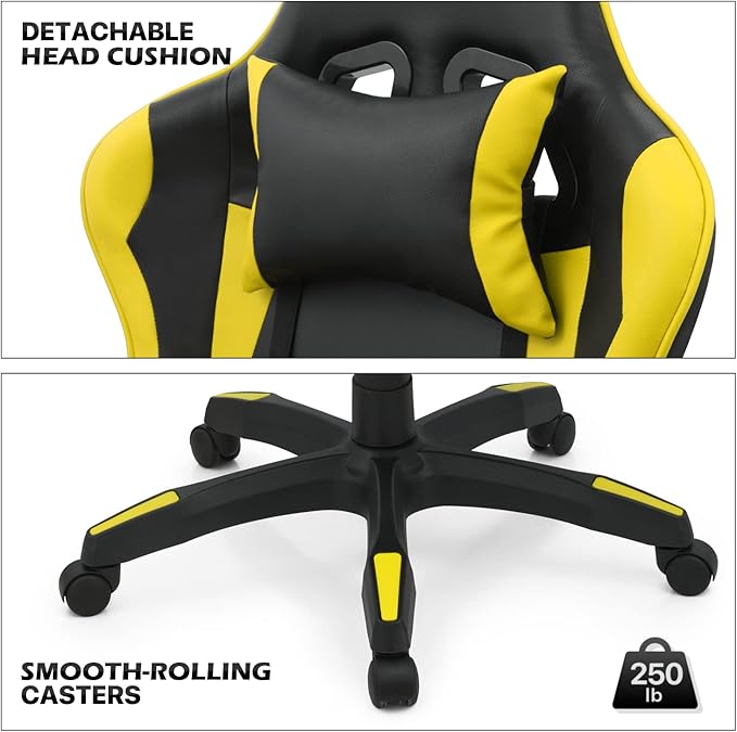 MoNiBloom Gaming Chair Office Chair Leather High Back Computer Chair with Headrest and Lumbar Support 360° Swivel Ergonomic Footrest Adjustable Gamer Chair for Adult Teen Home Office Using Yellow