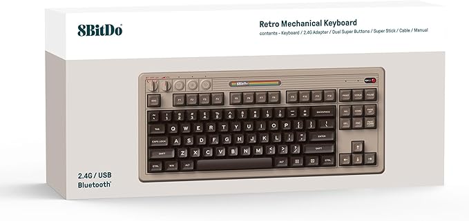 8Bitdo 87 Keys Retro Mechanical Keyboard Bluetooth/2.4G/USB-C Hot Swappable Gaming Keyboard with Dual Super Programmable Buttons and Super Stick Volume knob for Windows and Android - C64 Edition
