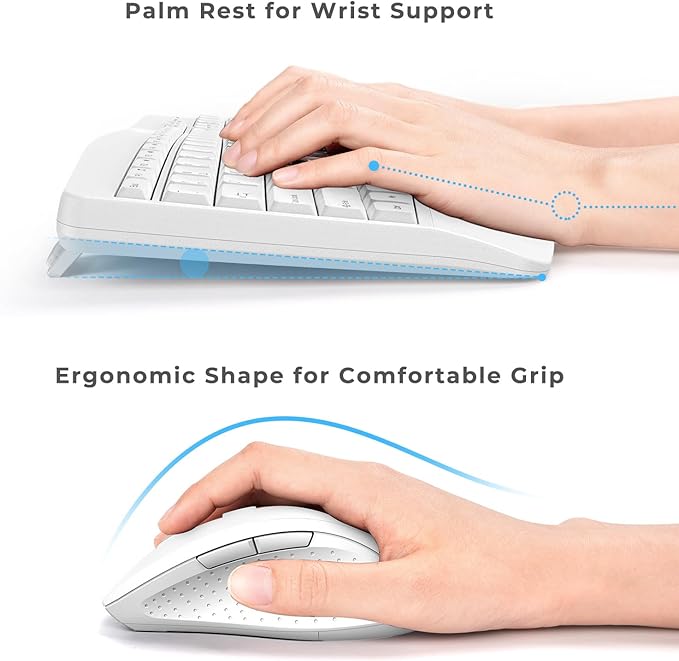 Ergonomic Keyboard and Mouse Combo Full Size Cordless Computer Keyboard with Palm Wrist Rest Ergonomic Mouse for Windows Computers Laptops - White