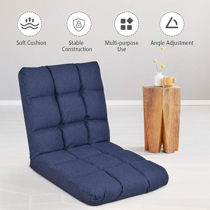LDAILY Floor Chair Padded Gaming Sofa Chair with Adjustable Backrest and Thick Seat Cushion Cushioned Back Support Versatile Metal Frame Floor Seating Great for Reading Gaming Meditation (Blue)
