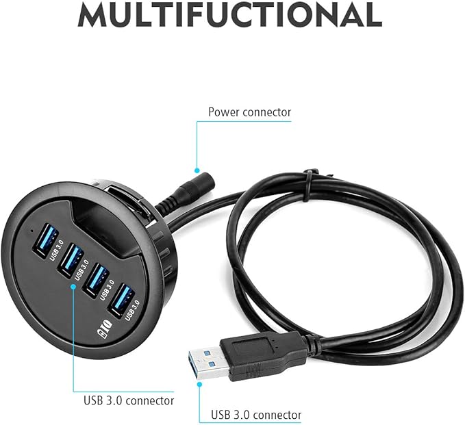 WDX Grommet Hole in Desk USB 3.0 4 Port Hub/BC 1.2 USB Charger for iPad/Tablet and iPhone/Smart Phones