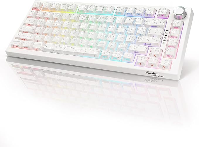 DstoPar Wireless Mechanical Keyboard75% Hot Swappable Gaming Keyboard with Multifunction knobSide Printed PBT KeycapsBluetooth5.0/Type-C/2.4G8000mAh K81 Mechanical Keyboard(Camouflage White