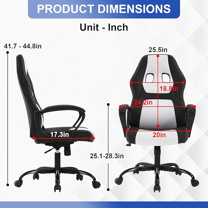 Gaming Chair PU Leather Chairs Ergonomic Office Chair Executive Computer Chairs High Back Computer Task with Lumbar Support Adjustable Height White