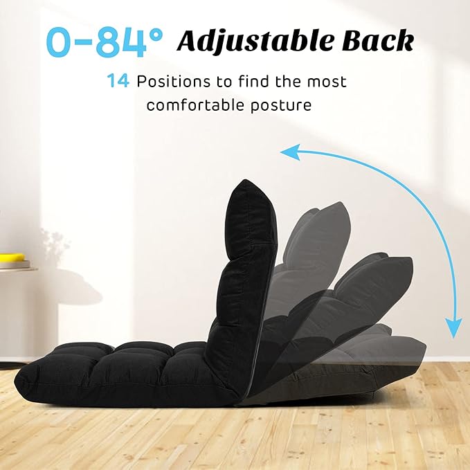 Giantex Adjustable Floor Gaming Sofa Chair 14-Position Cushioned Folding Lazy Recliner High Resilience Sponge Breathable Cotton &amp Linen Fabric Sleeper Bed Couch Recliner with Removable Cover (Bla
