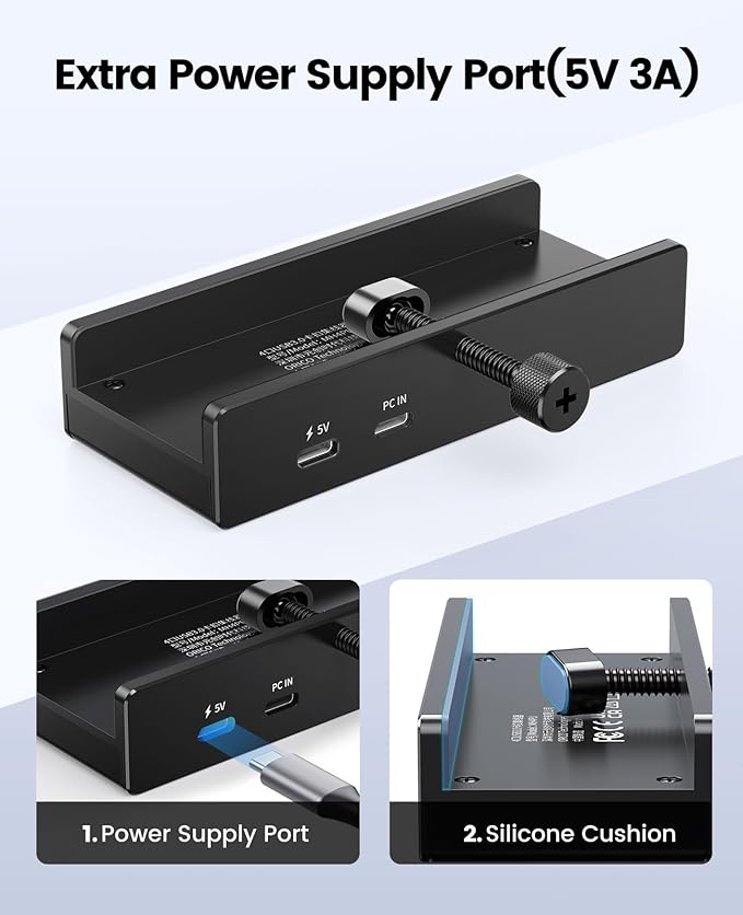 ORICO USB Hub 3.0 Clamp USB Hub with Extra Power Port Aluminum USB C Adapter with 2 USB-A Data Ports3.5mm AUX SD/TF Card Reader for Desktop(Black)