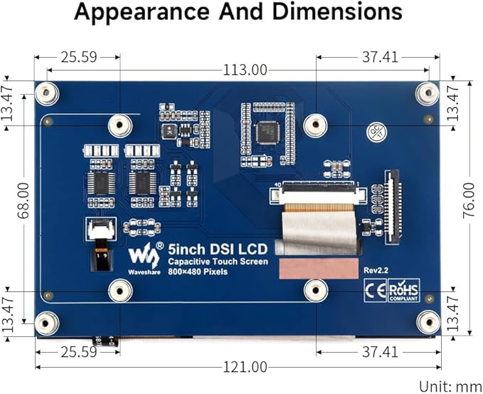 waveshare 5inch Capacitive Touch Display DSI Interface LCD 800×480 Screen Compatible with Raspberry Pi 5/4B/3B+/3A+/3B/2B/B+/A+/CM3/3+/4