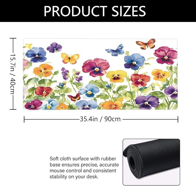 Large Colorful Flower Watercolor Mouse Mat Computer Mousepad with Non-Slip Rubber Base Waterproof Mouse Pad Desktop Keyboard Pad for GamerHome School Laptop Office Accessories16x35.5in