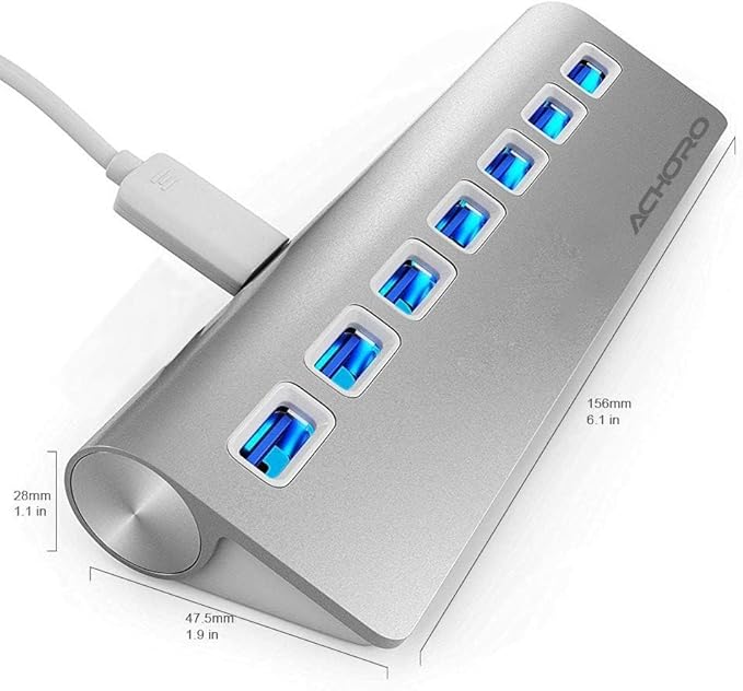 Achoro 7 Ports USB 3.0 Hub - Triangle Aluminum Alloy - High-Speed USB Port Expander - Compatible with PC iMac MacBook Windows Desktop and More – Computer Multiple USB HUB (Silver)