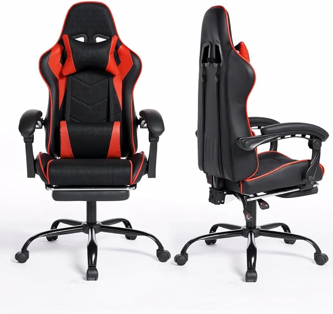 Gaming Chair Ergonomic Computer Chair with High Back Office Computer Chair with Footrest and Massage Lumbar Support Height Adjustable Swivel Video Game Chair (Black Red)