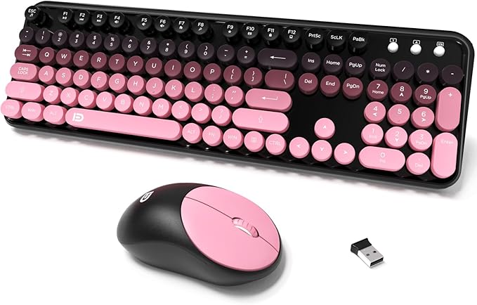 Wireless Keyboard and Mouse Combo 2.4 GHz Wireless Full-Sized Typewriter Keyboard with Round Keycaps for Windows Computer Desktop PC Laptop (Pink)