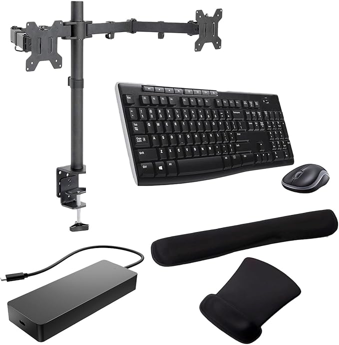 HP Universal Multiport Dock Dual 4K Displays for Business and Display Port Bundled with Desk Mount Dual Monitor Stand MK270 Wireless Keyboard/Mouse Set and Gel Pads