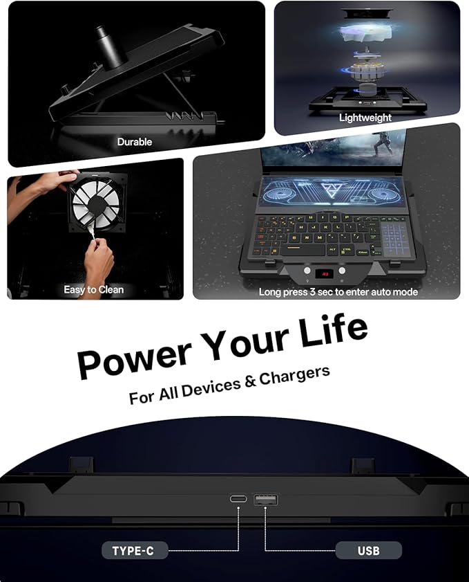 DEPGI Laptop Cooling Pad Laptop Cooler Stand with 5.5 Movable Fan Easy to Clean Auto Temp Sensor &amp 3-Speed Manual Control Ultra Quiet ≤40dB for 14–17.3 Inch LaptopsBlack