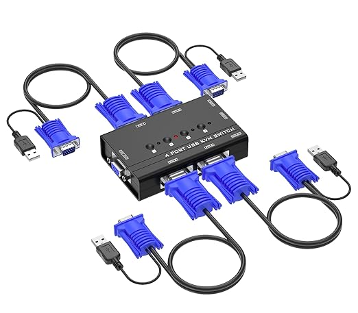 VGA KVM Switch Yinker 4 Port USB VGA KVM Switch w/4 KVM Cables &amp 3 USB Hubs for 4 Computers Share One Monitor Keyboard Mouse