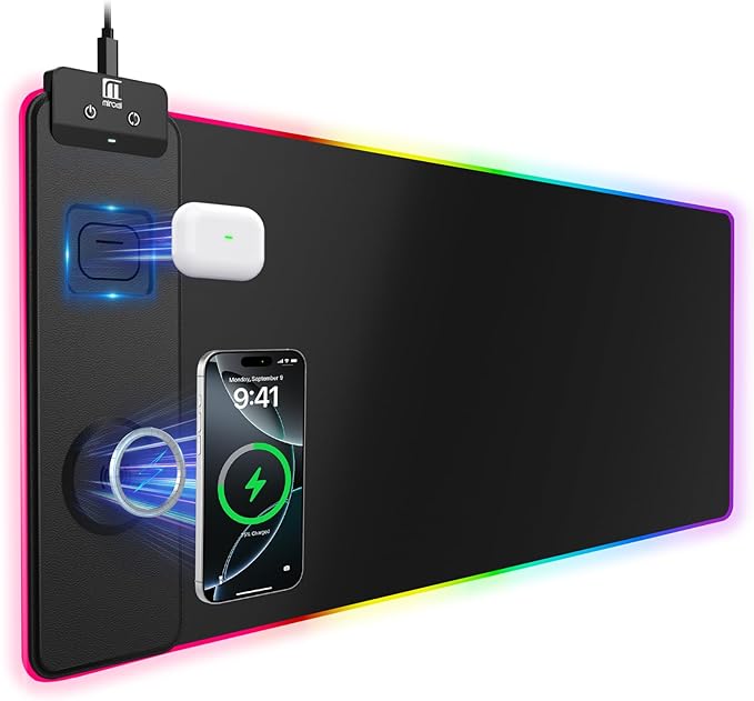 Mouse Pad with Magnetic Wireless Charging Large Desk Pad Protector RGB Black Mousepad Desk Mat with 15W Fast Charger 4mm Thick Non-Slip Waterproof Laptop Writing Pad for Office Home Gaming