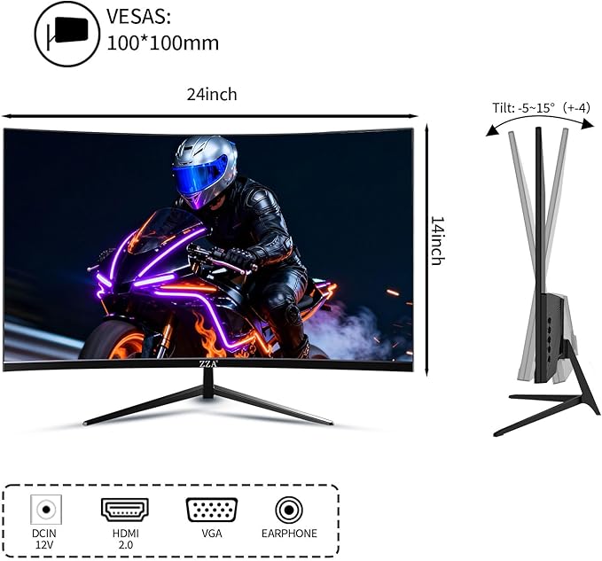ZZA 27 inch 100Hz Curved Monitor with 1K 1920x1080 Computer Screen 27 inch FHD with HDMIVGA and Wall Mountable|1080P Eye Care PC Office Display for Working and Gaming