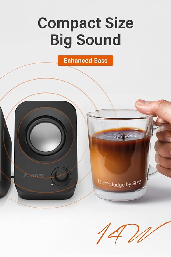Speaker - 14W Stereo PC Speakers USB Powered Compact Size with 30° Tilt Design Volume Dial Control for Desktop Laptop Monitor Gaming Consoles Black