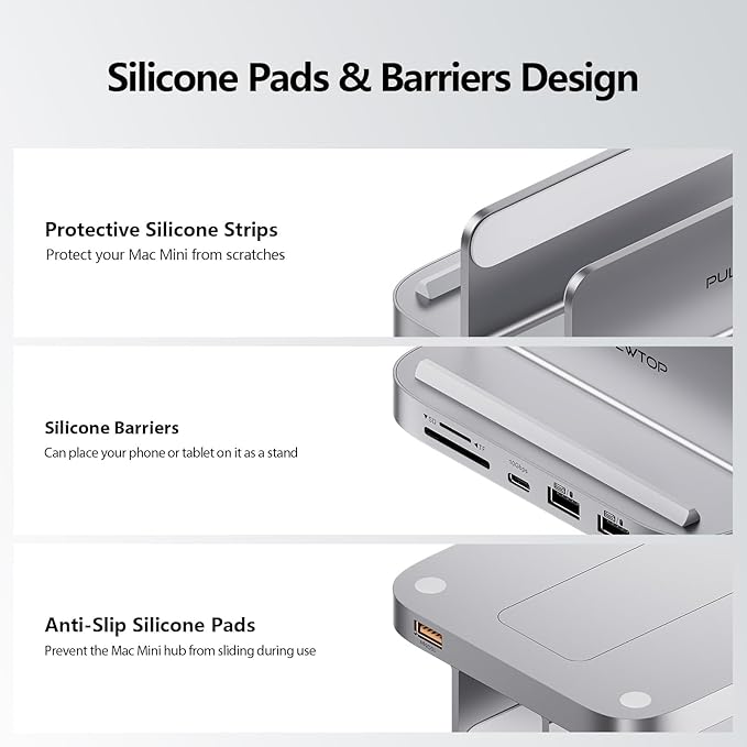 Mac mini Hub M1 M2 with M.2 SSD Enclosure (NOT for M4 2024) 8-in-1 Vertical Mac mini Dock Stand with USB A/C 3.2 10Gbps 2 x USB A 2.0 SD/TF Slots 3.5mm Audio Mic Jack