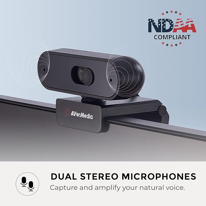 AVerMedia PW310P Webcam - Full 1080p 30fps HD Camera with Autofocus and Dual Stereo Microphones Work from Home Remote Learning - NDAA Compliant