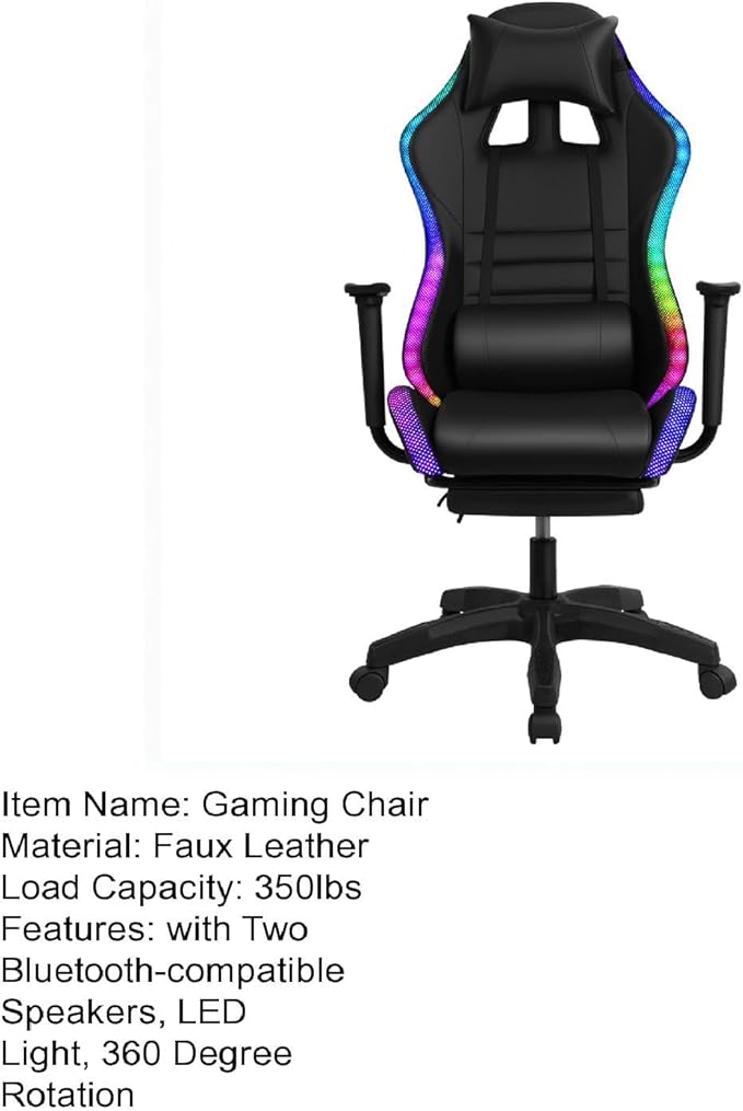 Gaming Chair with Built-in Speakers Ergonomic High Back Office Gaming Chair Massage Lumbar Support LED Lights Retractable Footrest (Colorful Side)